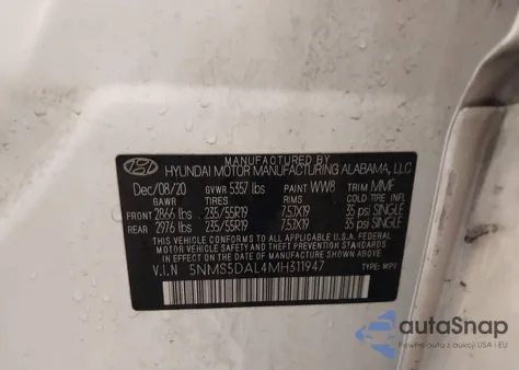 2021 Hyundai Santa Fe Calligraphy from USA, damaged, VIN 5NMS5DAL4MH311947